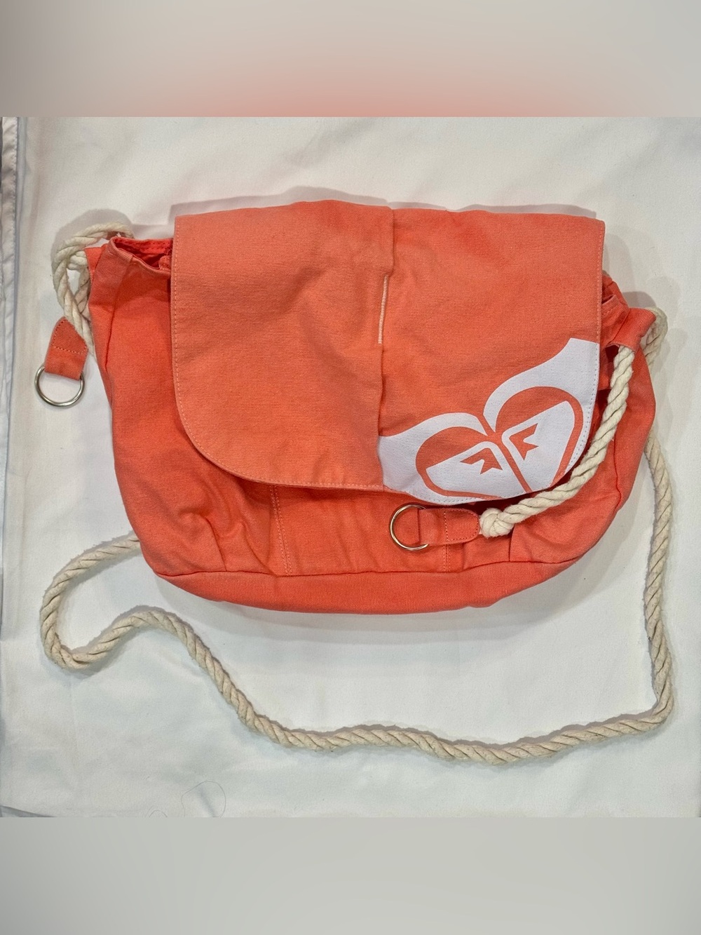 Vintage Roxy Y2K Coral Pink Canvas Rope Strap Messenger Bag Crossbody Beach⁠